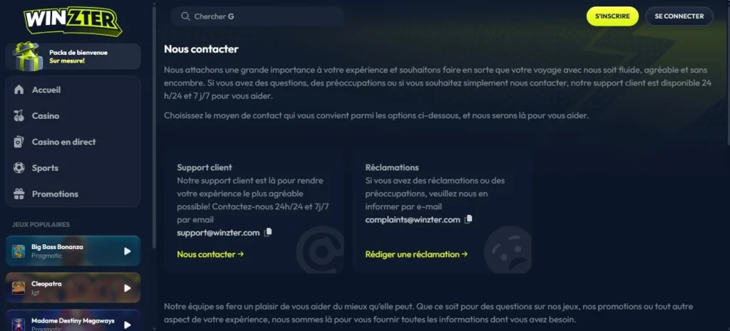 Support client winzter casino