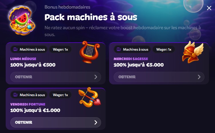 pack hebdomadaire bonus sur aphrodite casino