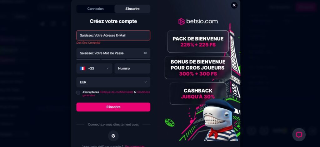 inscription betsio casino