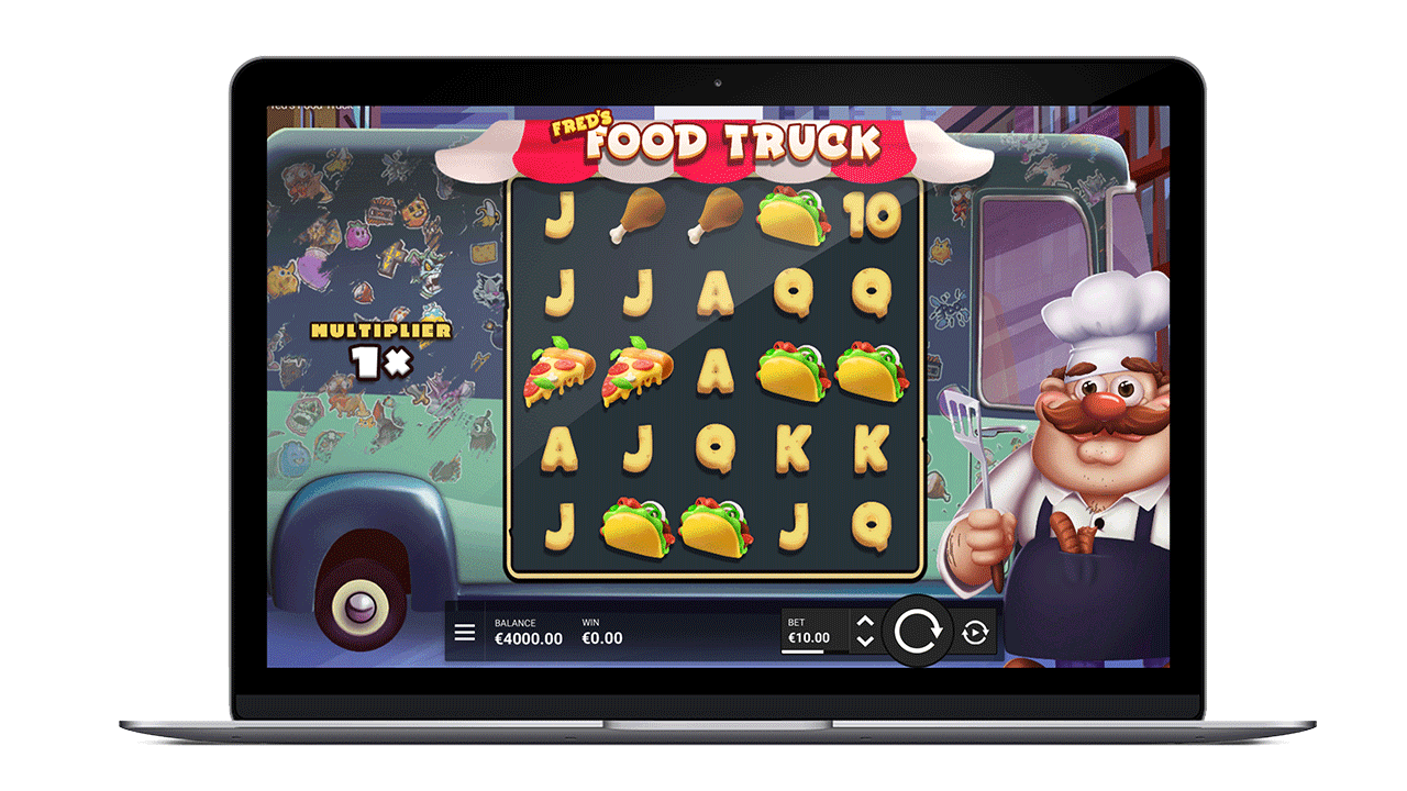 Grille 5x5 de Freds Food Truck avec les symboles street food hot dog pizza et piments en action sur desktop