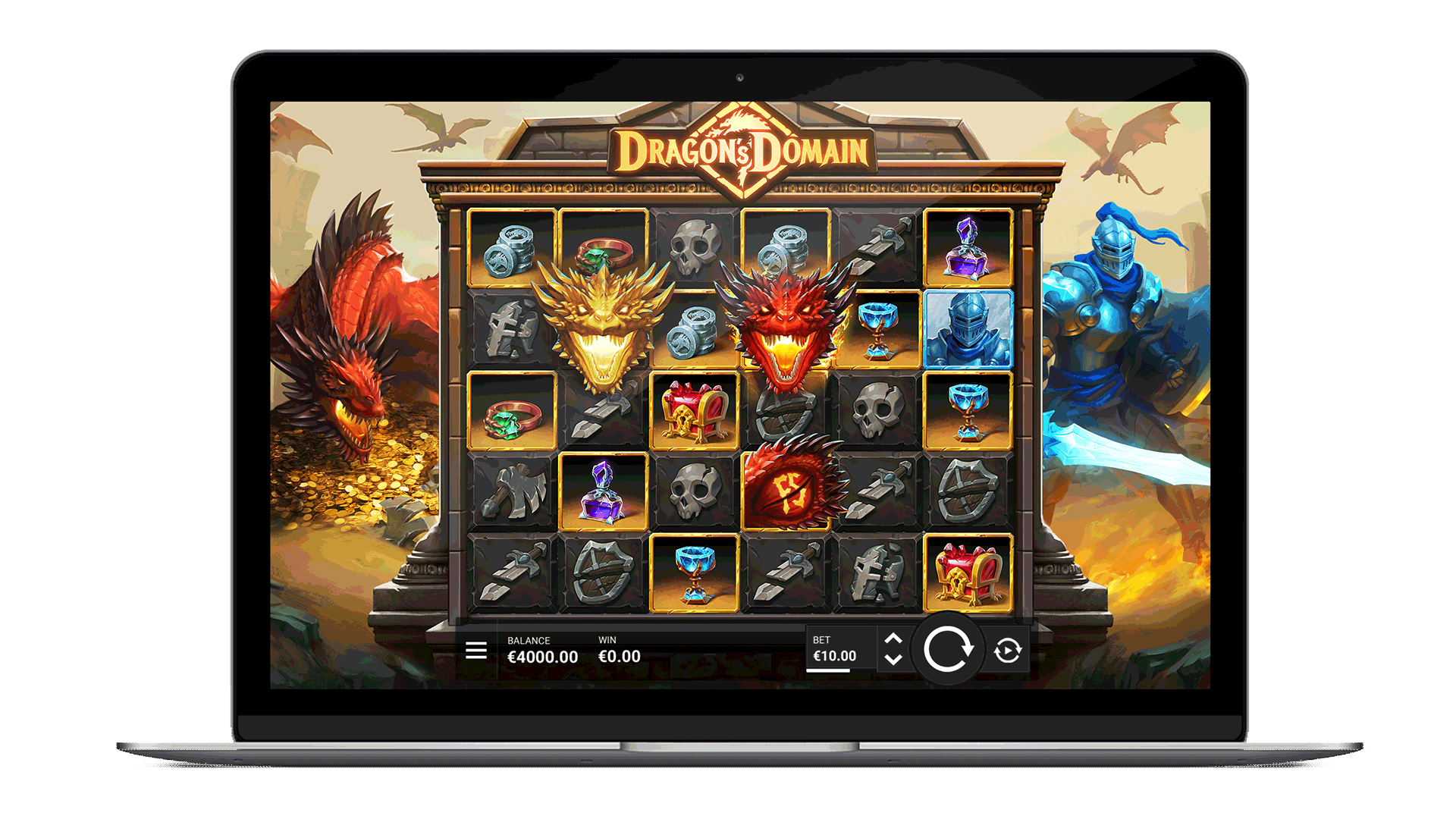 Grille 6 rouleaux de Dragon's Domain avec Charred Land Wilds et symboles Dragon activés sur fond sombre