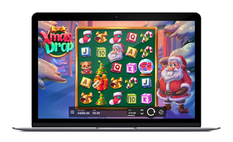 Xmas Drop affiché sur desktop et mobile, grille 5x5 Hacksaw Gaming avec symboles de Noël et Wild Santa extensible