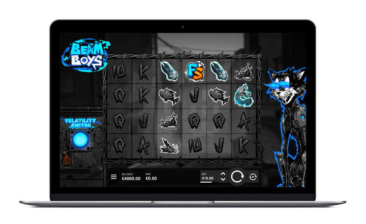 Beam Boys sur différents appareils, grille 6x4 avec le Wild Laser Cat en action et accents bleu du mode Normal