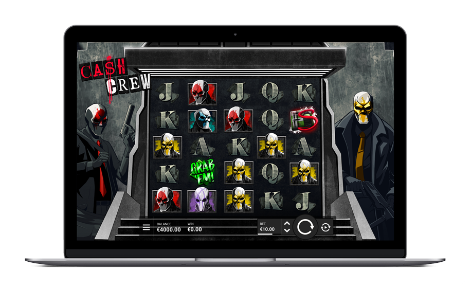 Aperçu de Cash Crew sur desktop et mobile avec la grille 5x5 et les bandits masqués encadrant les rouleaux