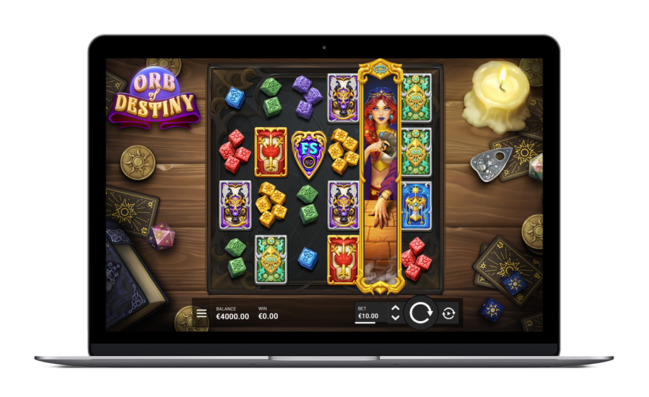 Orb of Destiny de Hacksaw Gaming affiché sur desktop et mobile, grille 6x4 avec Lady Fortune et l'Orbe du Destin en action