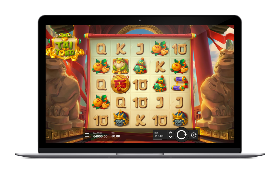 Grille 5x5 de Tai The Toad par Hacksaw Gaming affichée sur plusieurs appareils avec les symboles dorés et le Prosperity Pot visible