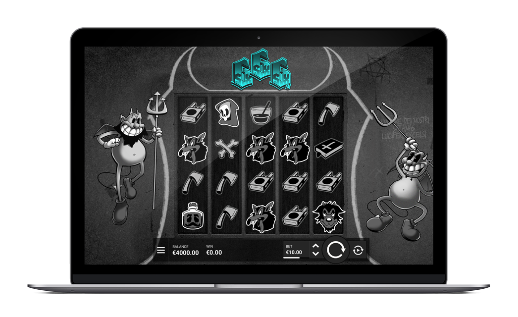 SixSixSix de Hacksaw Gaming, interface du jeu montrant la grille 5x4 avec les symboles diaboliques et la Wicked Wheel rouge prête à se déclencher