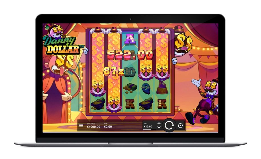 Danny Dollar de Hacksaw Gaming affiché sur desktop, tablette et mobile avec les mécaniques Dollar-Reels en premier plan