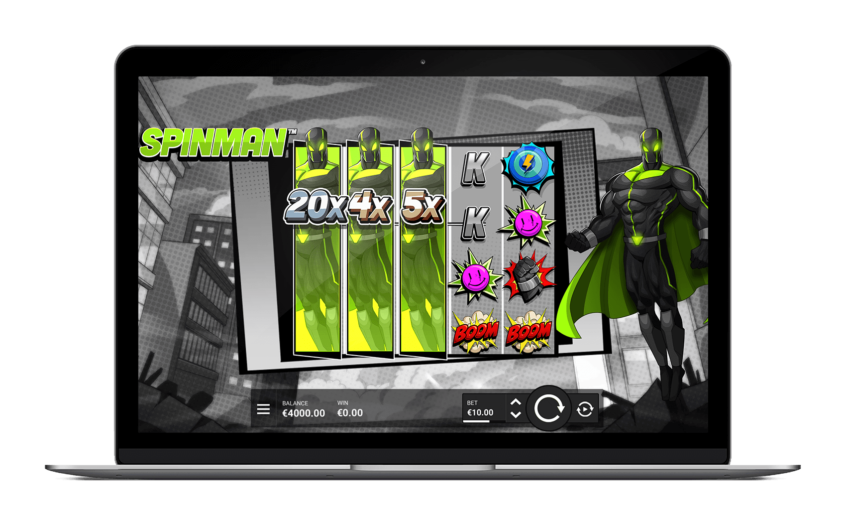 Spinman de Hacksaw Gaming sur desktop, grille 5x4 avec symboles héros et interface Booster Wheel visible