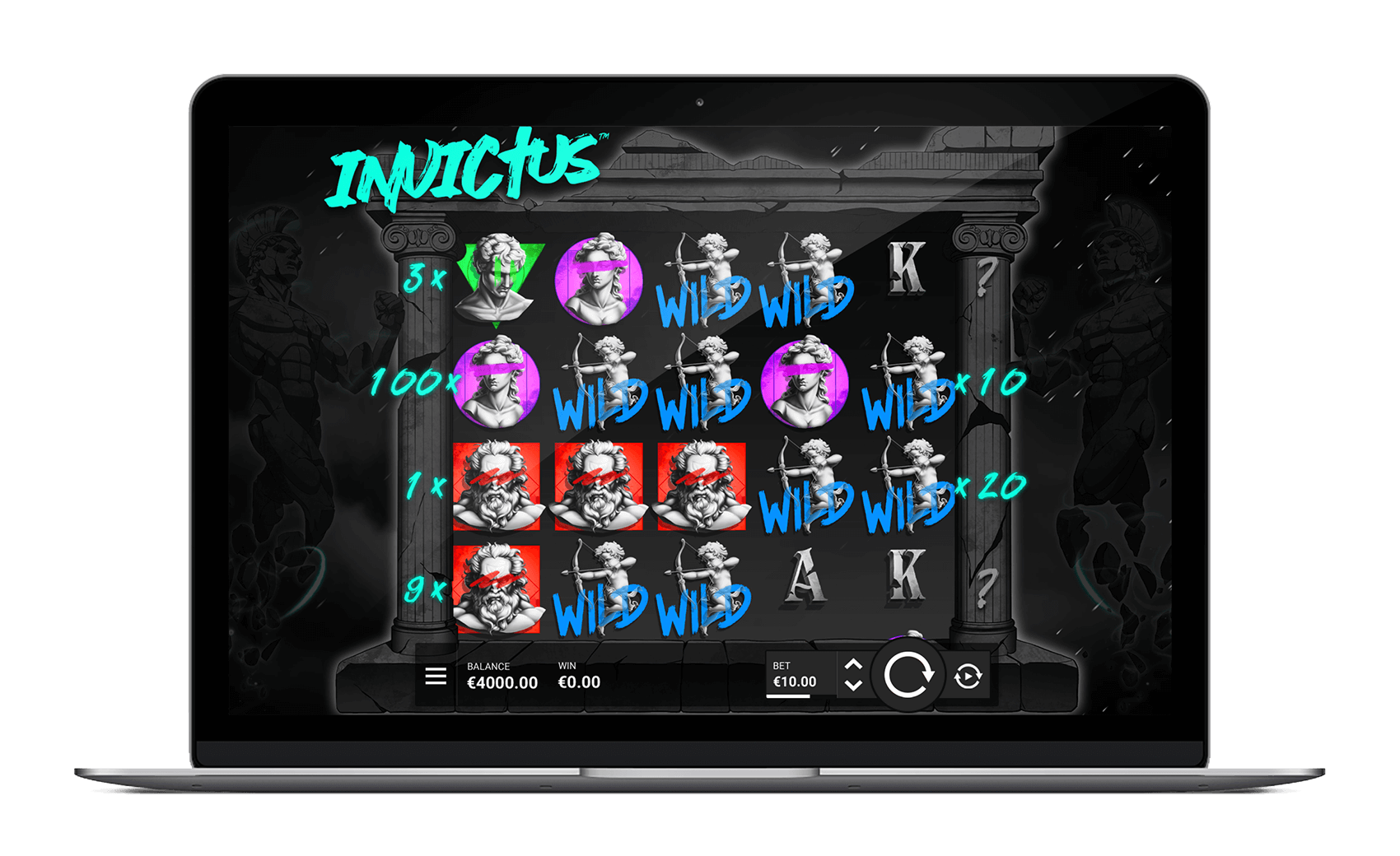Interface desktop du slot Invictus de Hacksaw Gaming affichant le mode de free spins avec le multiplicateur central actif