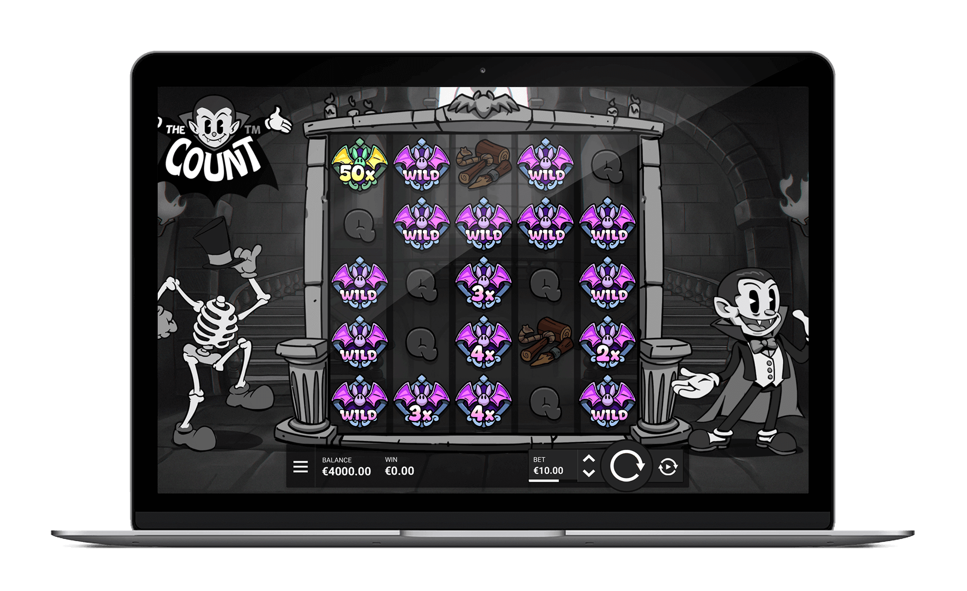 The Count affiché sur desktop tablette et mobile avec la grille 5 rouleaux et les symboles vampire cartoon Hacksaw Gaming