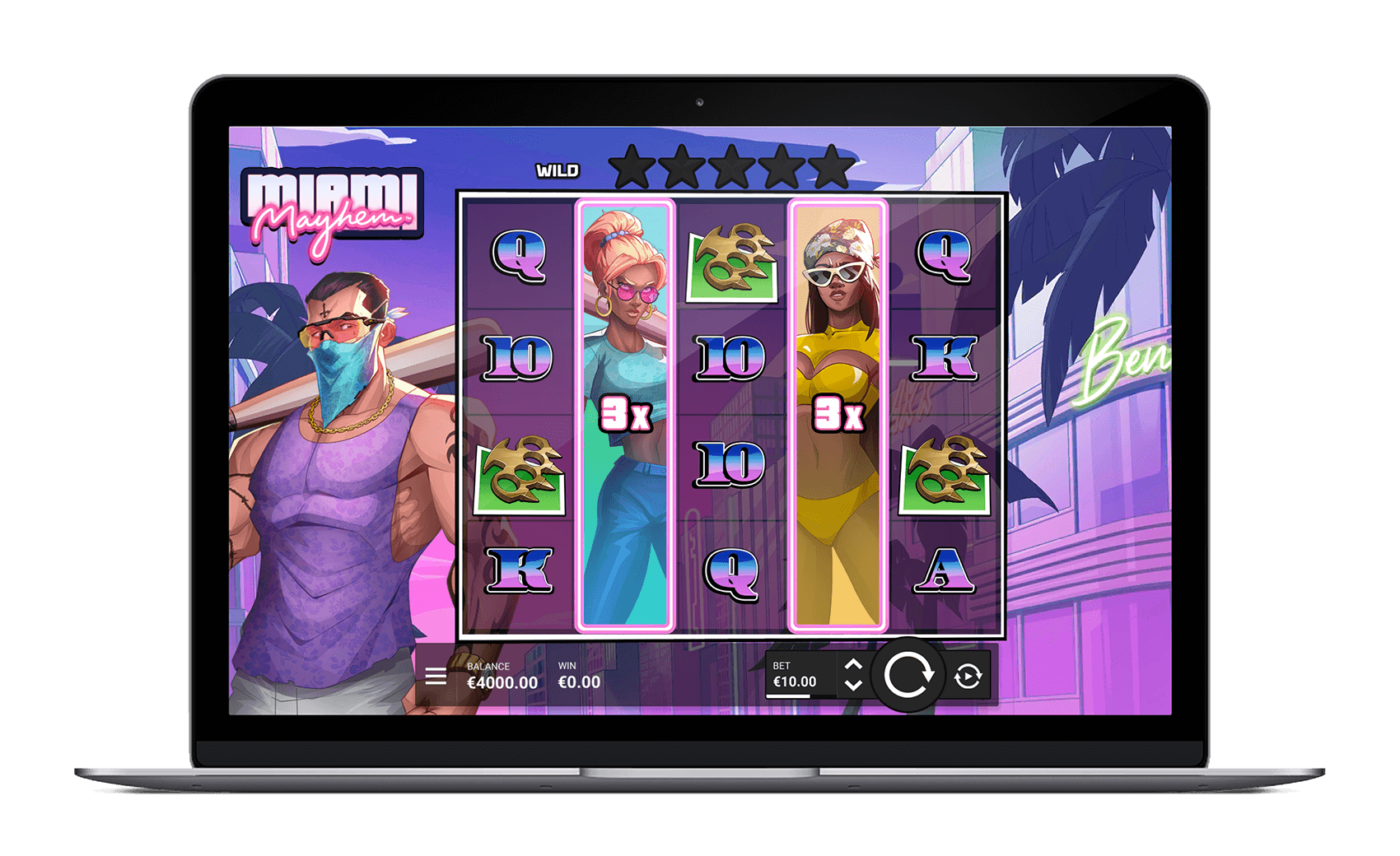 Miami Mayhem de Hacksaw Gaming affiché sur plusieurs appareils, grille 5 rouleaux avec membres de l'équipe criminelle déployés