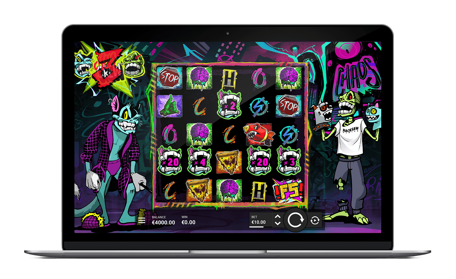 Grille 5x3 de Chaos Crew 3 pendant un spin avec le Cranky Cat Wild et des multiplicateurs actifs sur les rouleaux