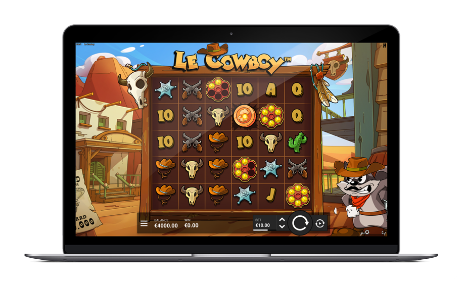 Écran hero de Le Cowboy par Hacksaw Gaming, grille 6x5 Cluster Pays avec Smokey le raton laveur en costume de shérif