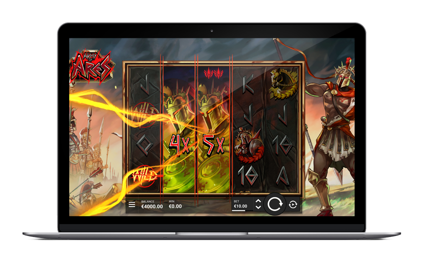 Aperçu d'Army of Ares sur desktop, grille 5 rouleaux avec symboles guerriers sombres et Wrath Reels actifs