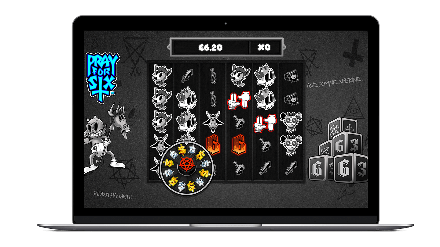 Grille 6x5 de Pray for Six en pleine session avec la Total Win Bar active et symboles spéciaux en cascade