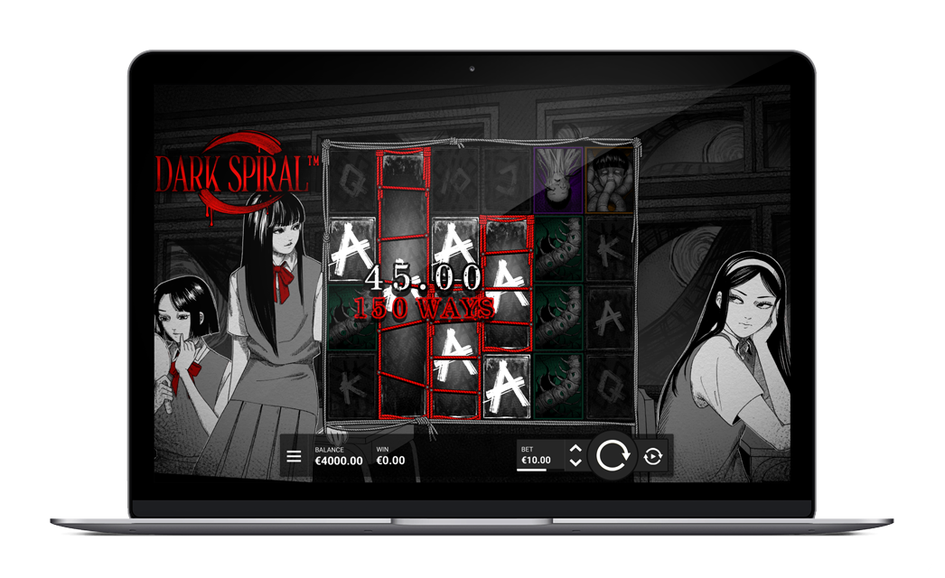 Dark Spiral de Hacksaw Gaming affiché sur desktop et mobile, interface du slot horreur manga en plein spin