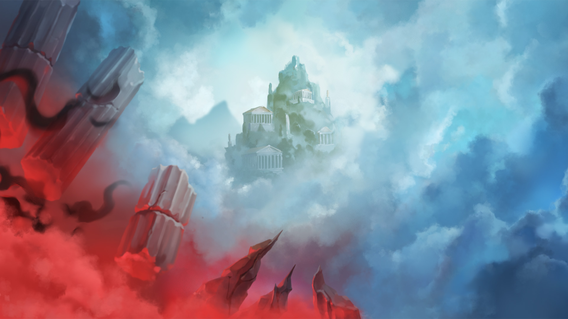 Décor épique d'Eternal Duel de Hacksaw Gaming représentant l'affrontement mythologique entre Zeus et Hadès