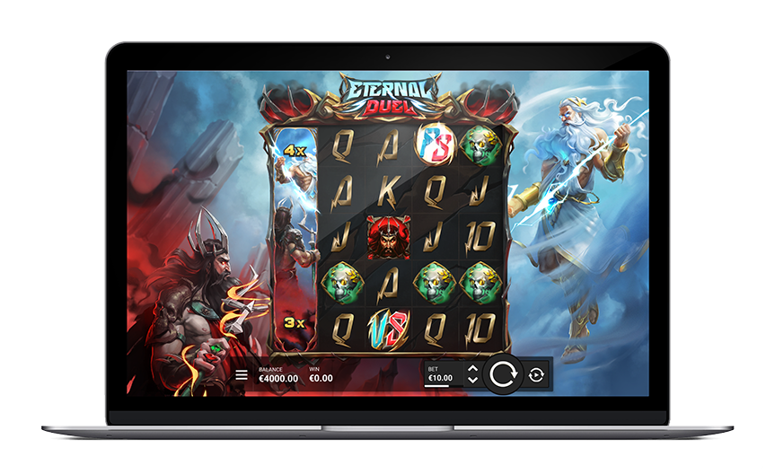 Eternal Duel de Hacksaw Gaming affiché sur desktop avec la grille 5x5 et la mécanique DuelReels en action