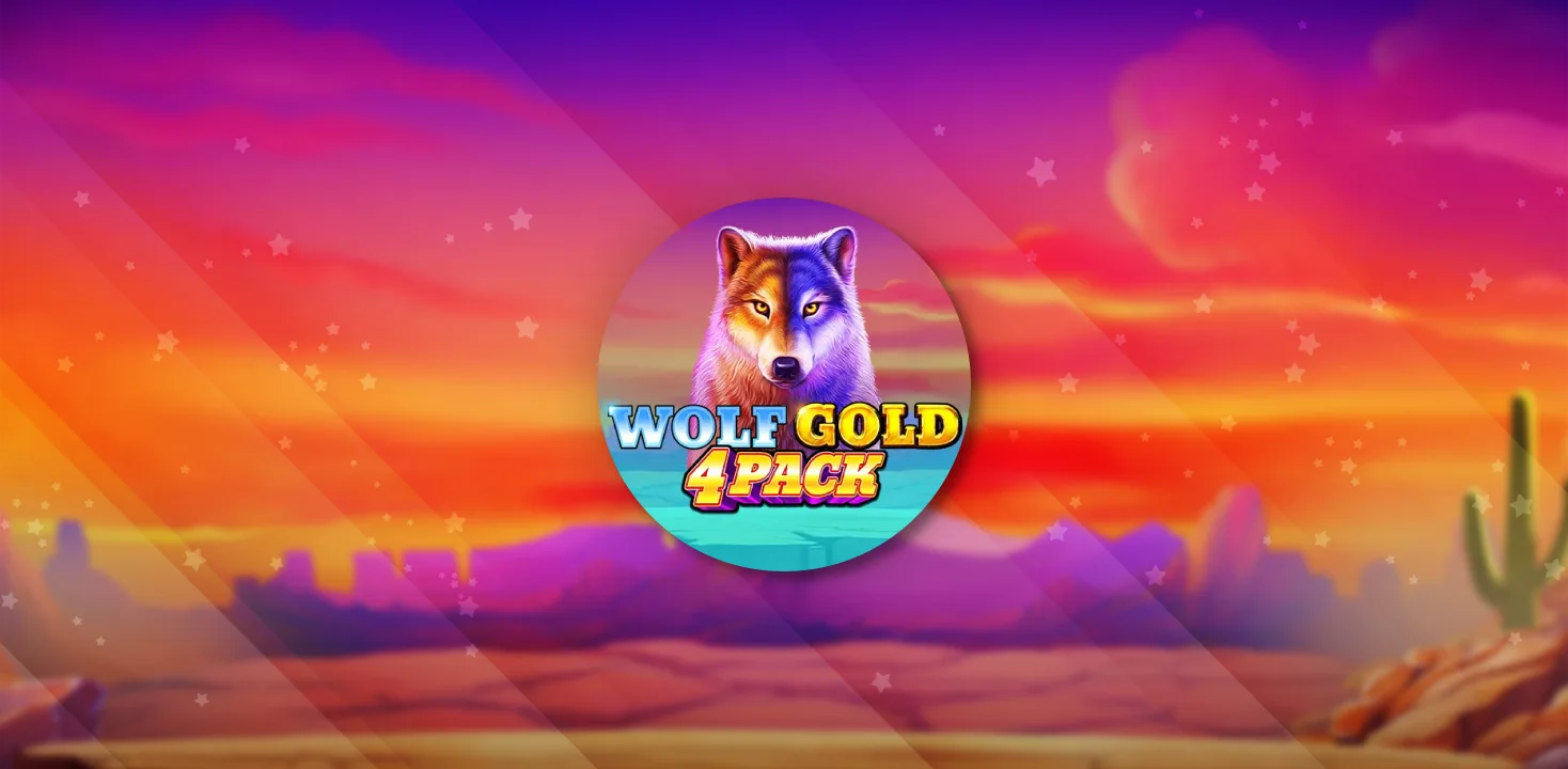 Grille principale de Wolf Gold 4 Pack avec symboles Wolf Wild et Moon sur fond désert américain