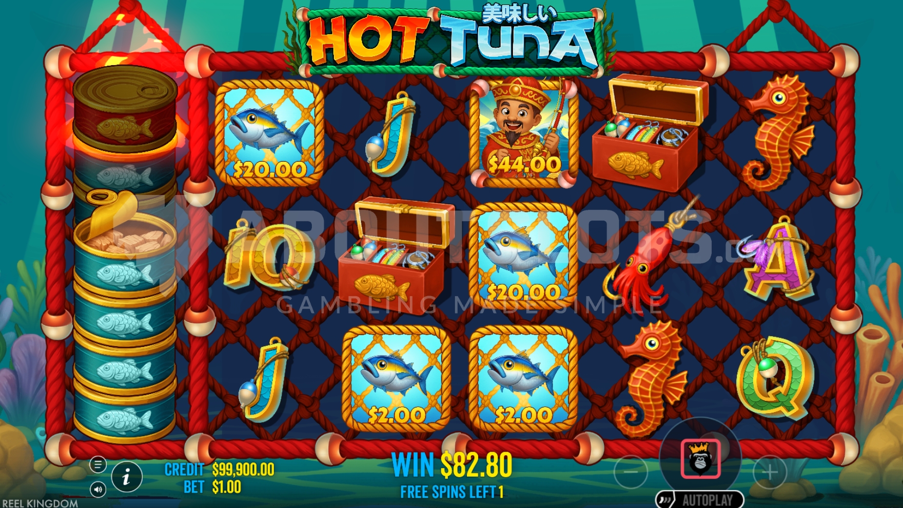 Écran free spins de Hot Tuna avec le Tuna Meter progressif et compteur de tours restants