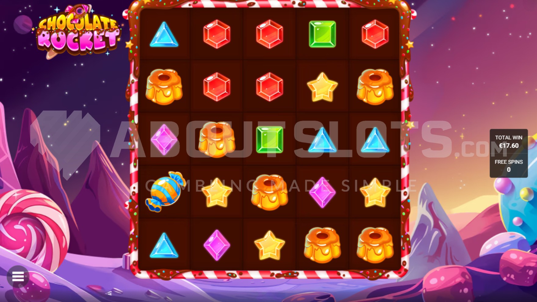 Écran free spins de Chocolate Rocket pendant le Wild Rocket Festival avec plusieurs Wilds collants actifs sur la grille