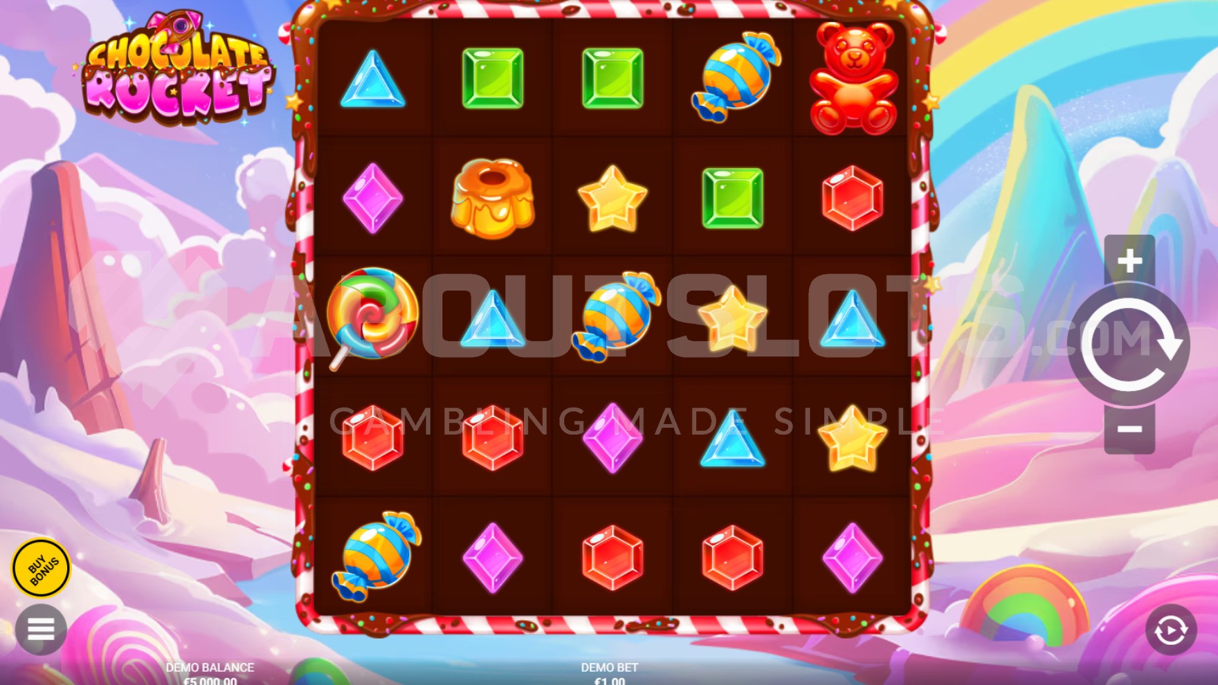 Grille 5x5 de Chocolate Rocket en jeu de base avec symboles bonbons et Wild Rocket visible sur la colonne centrale