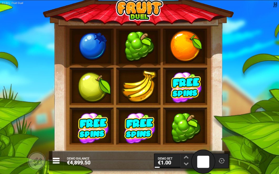 Écran de Free Spins de Fruit Duel avec le compteur de tours et un Wild DuelReels sur le rouleau central