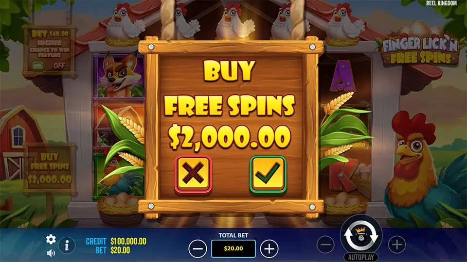 Menu Bonus Buy de Finger Lick'n Free Spins affichant les options d'achat de free spins à 100x la mise