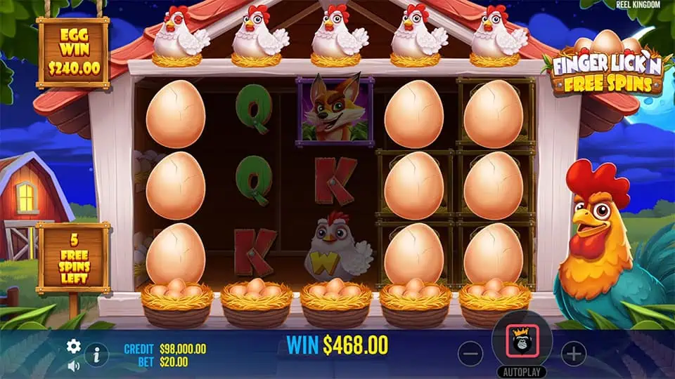 Écran bonus de Finger Lick'n Free Spins avec trois œufs dans le bassin révélant leurs récompenses free spins