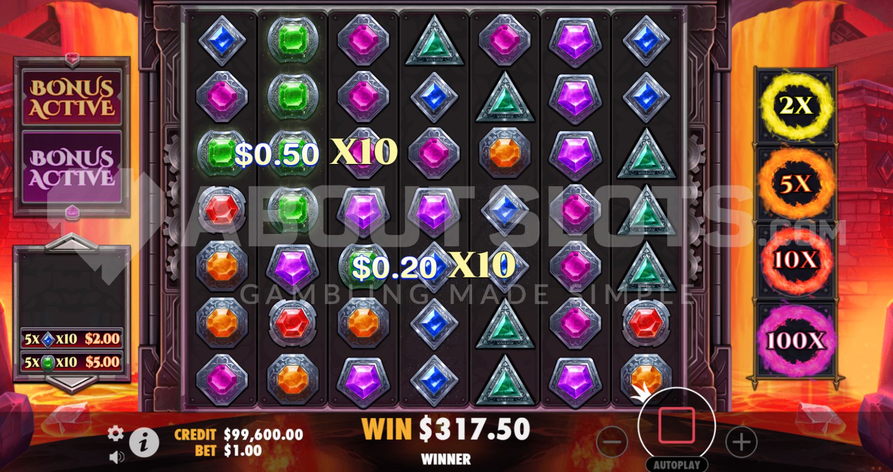 Écran Free Spins de Gem Fire Fortune avec multiplicateurs garantis actifs et compteur de tours restants