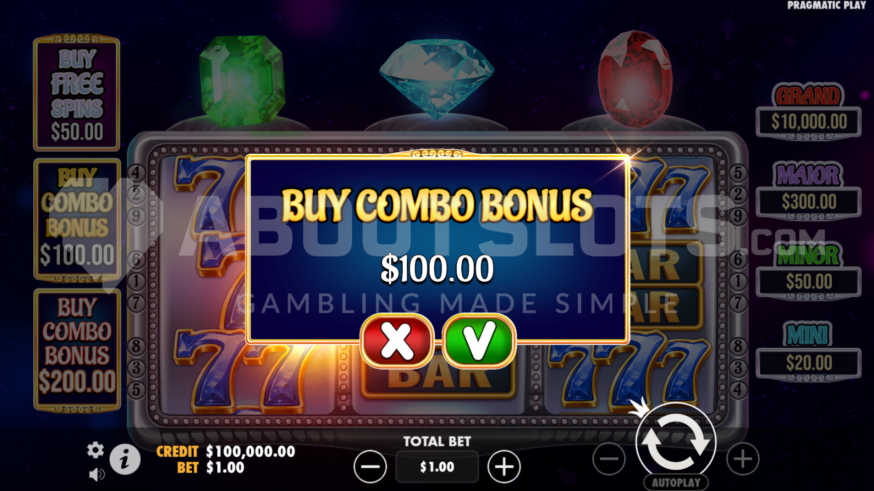 Menu Feature Buy de Gem Trio affichant les trois options d'achat de Free Spins à 50x, 100x et 200x