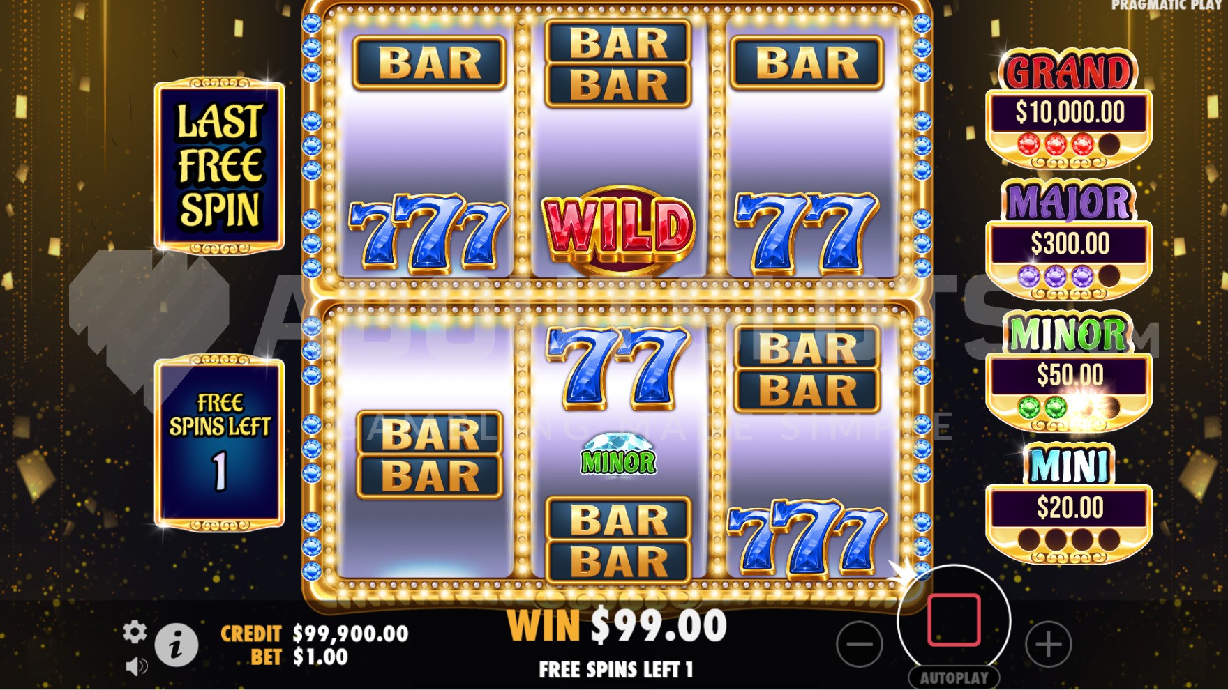 Écran des Free Spins de Gem Trio avec modificateurs Émeraude et Diamant actifs sur la grille