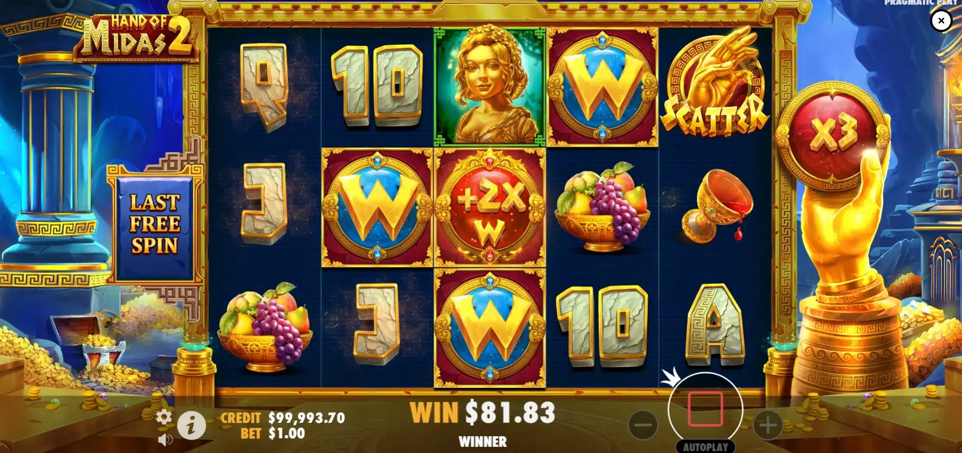 Écran de free spins de Hand of Midas 2 avec les Sticky Wilds dorés et le multiplicateur cumulatif visible à l'écran