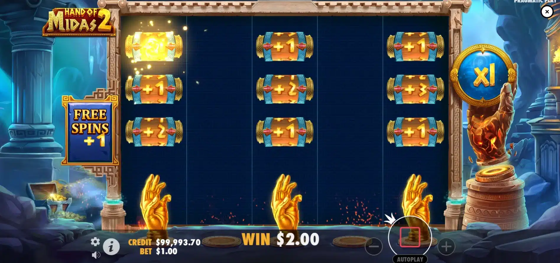 Mini-roues de Hand of Midas 2 déclenchées par 3 scatters, chaque roue révélant un nombre de free spins de 1 à 3