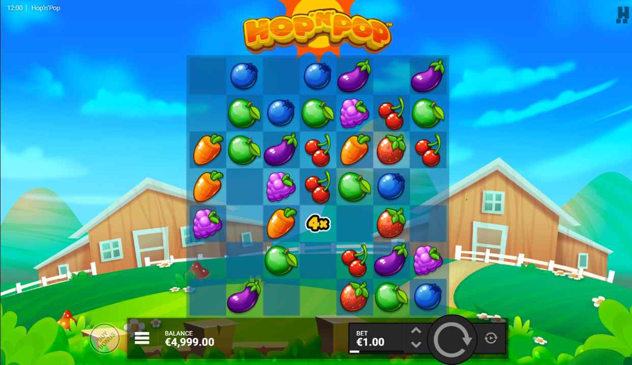 Grille 7×7 de Hopnpop en action avec clusters de fruits colorés et multiplicateurs visibles
