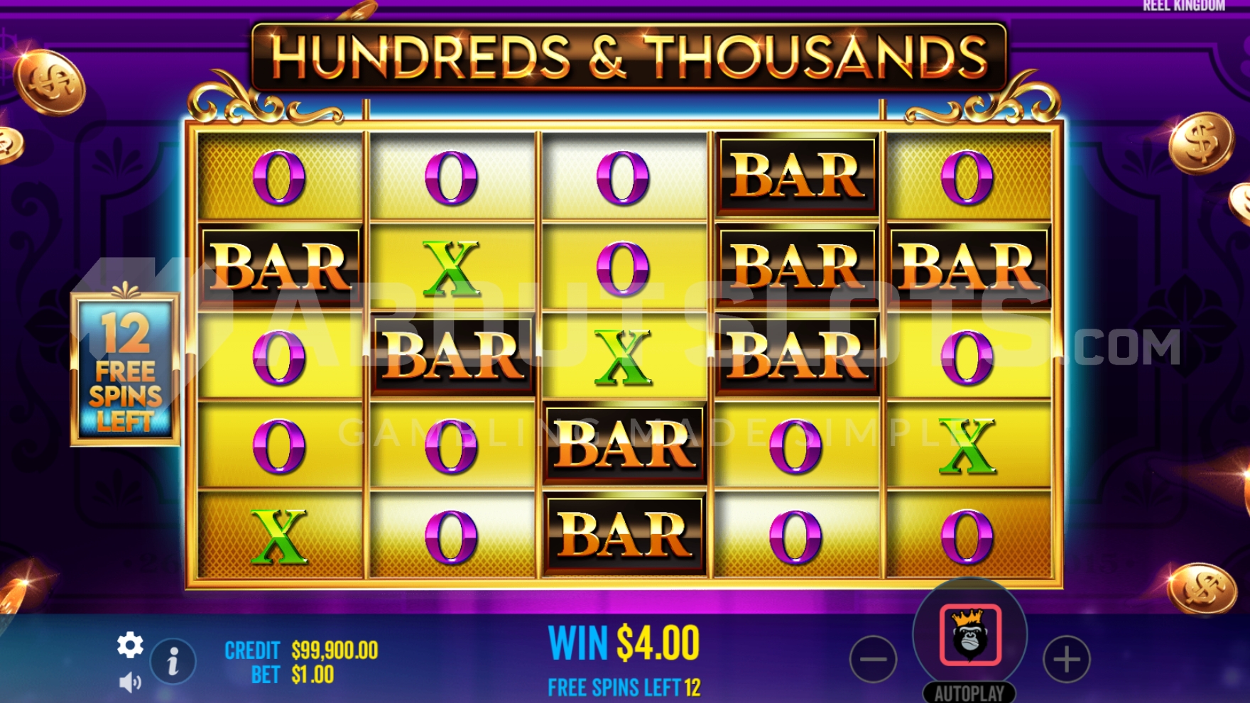 Free spins de Hundreds and Thousands avec compteur de tours restants et multiplicateur global 2x actif