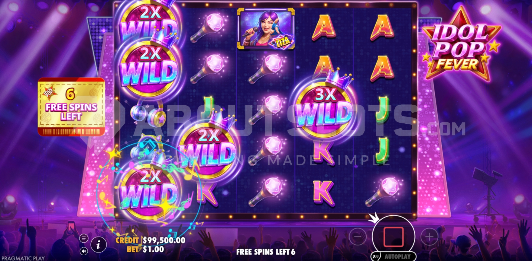 Écran Free Spins d'Idol Pop Fever avec Wilds multiplicateurs visibles sur la grille et compteur de tours restants