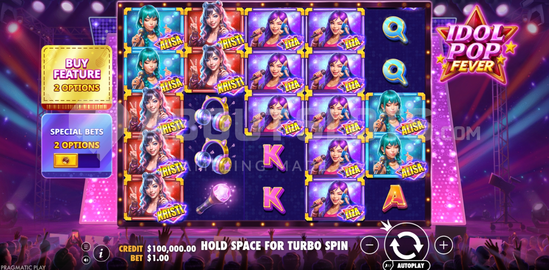Grille 5x5 d'Idol Pop Fever pendant le jeu de base avec Random Wild Multiplier actif sur plusieurs symboles