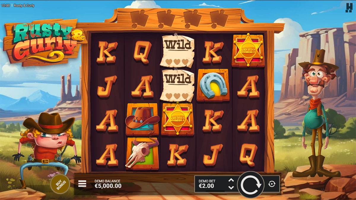 Grille 5x4 de Rusty & Curly en base de jeu avec les symboles western et les wilds afficheurs visibles