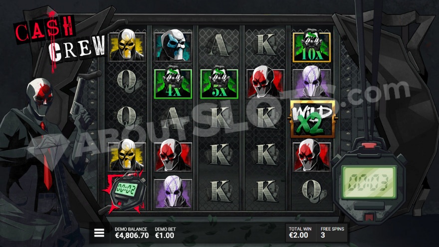 Mode bonus The Vault de Cash Crew avec un wild multiplicateur 2x activé sur le cinquième rouleau pendant les free spins