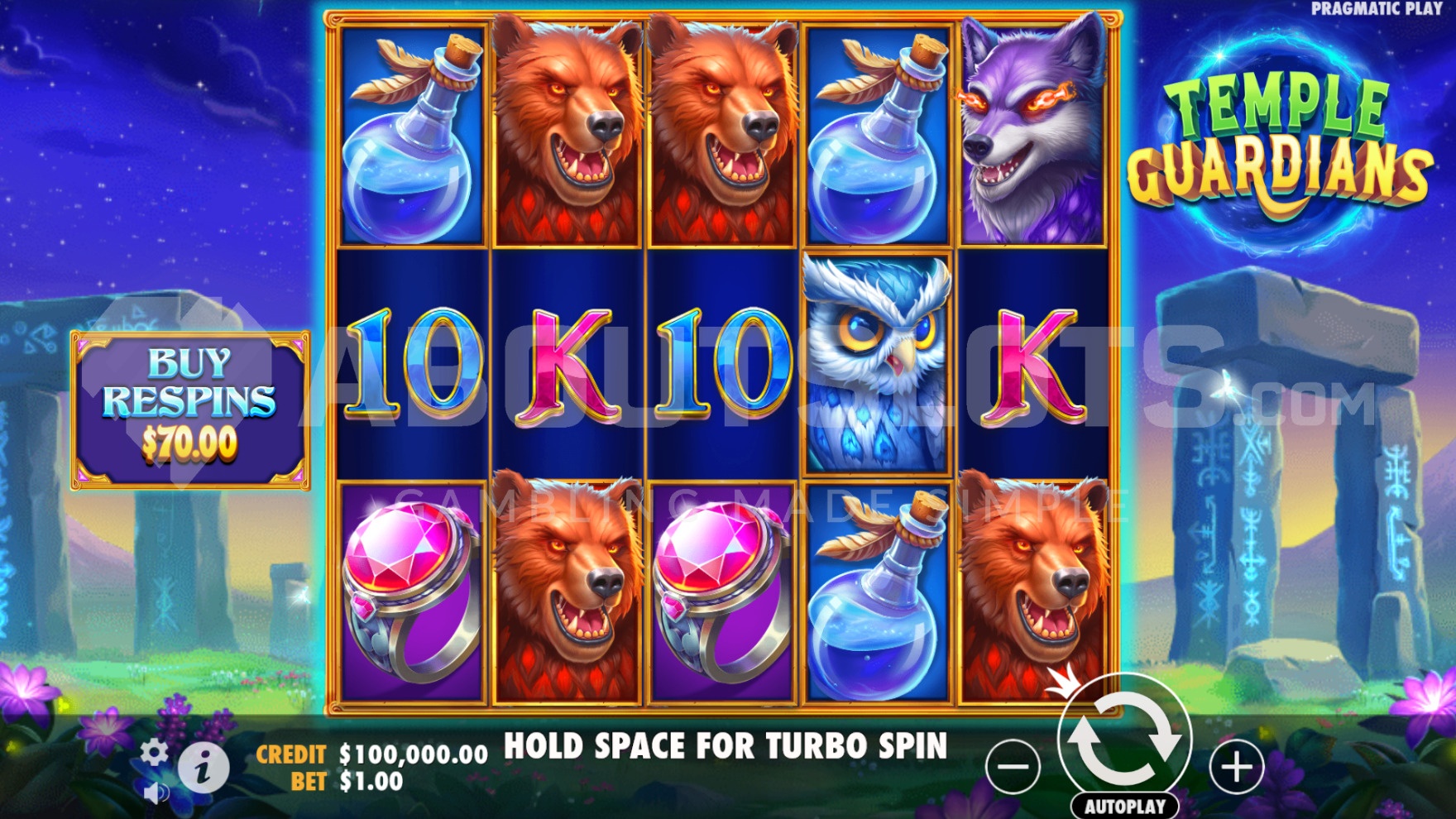 Grille 5x3 de Temple Guardians en jeu de base avec la prêtresse Wild sur le rouleau central