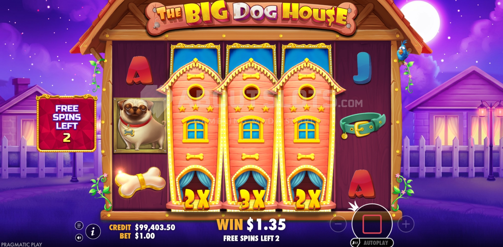 Écran free spins de The Big Dog House avec sticky wilds et multiplicateurs verrouillés sur la grille