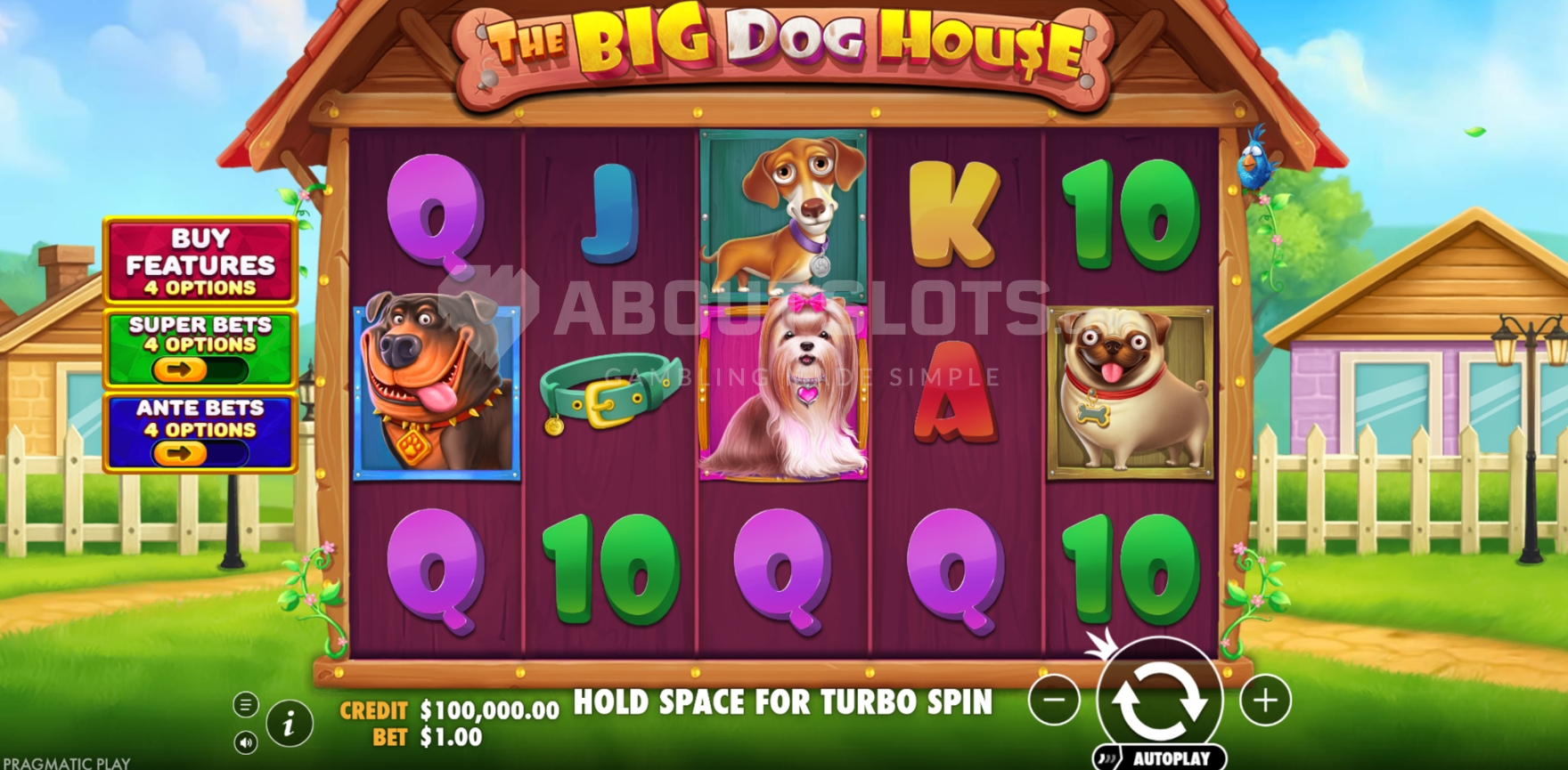 Grille 5x3 de The Big Dog House avec wilds multiplicateurs sur les rouleaux centraux en jeu de base