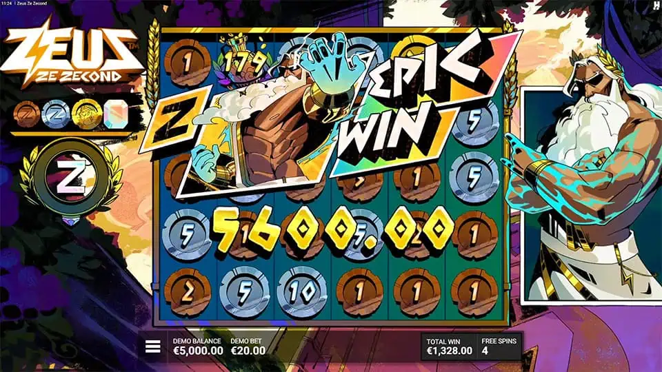 Écran de gros gain sur Zeus Ze Zecond de Hacksaw Gaming avec les multiplicateurs progressifs déclenchés en cascade