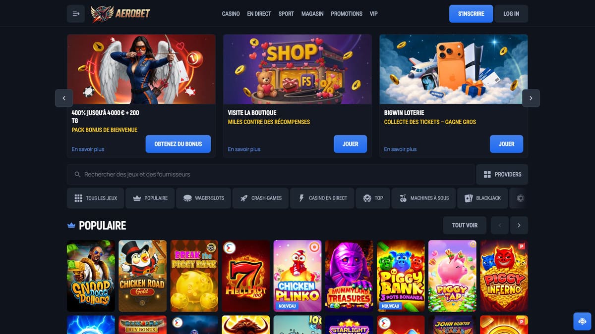 Lobby du casino Aerobet affichant la sélection de machines à sous, crash games et live casino en page d'accueil
