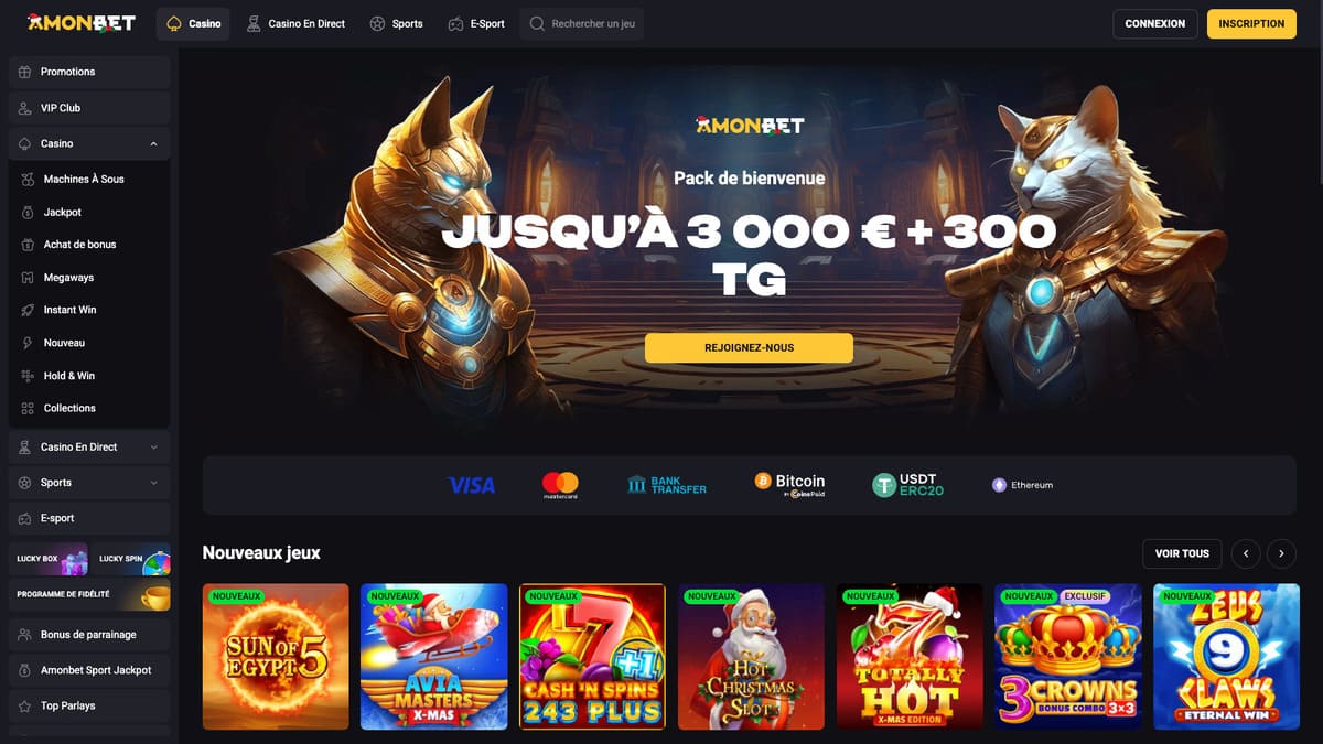 Interface principale du lobby Amonbet avec les catégories de jeux et les promotions disponibles