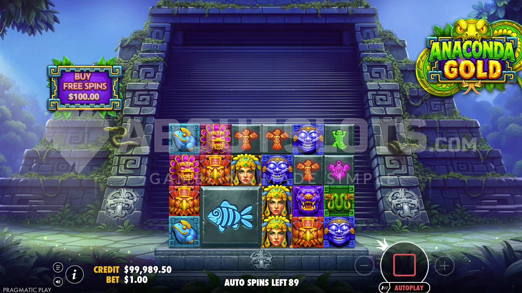 Grille 6x4 d'Anaconda Gold en base game avec symboles payants et thème temple maya