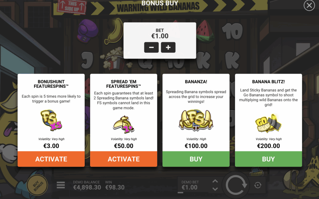 Mode Banana Blitz! de FRKN Bananas avec bananes collantes et symboles Go Bananas sur la grille