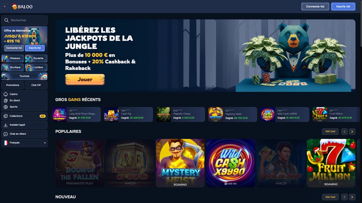 Interface du lobby de Baloo Casino avec la navigation multi-catégories slots, live, sports et mini-jeux